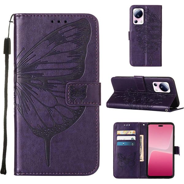 Custodia In Pelle Per Xiaomi 13 Lite 5G Farfalla In Rilievo Custodia In Pelle Flip Slot Per Schede Telefono Cellulare Con Supporto Viola-image