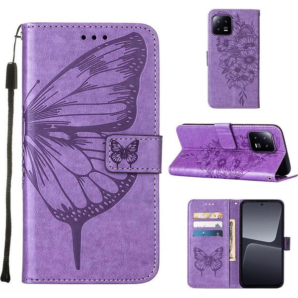 Custodia In Pelle Per Xiaomi 13 Farfalla In Rilievo Flip Custodia In Pelle Slot Per Schede Telefono Cellulare Con Supporto Viola-image