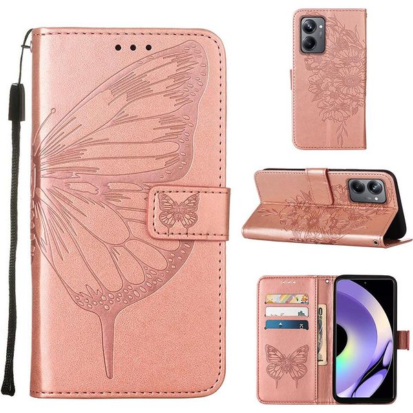 Custodia In Pelle Per Realme 10 Pro 5G Farfalla In Rilievo Custodia In Pelle Flip Slot Per Schede Telefono Cellulare Con Supporto Rosa-image