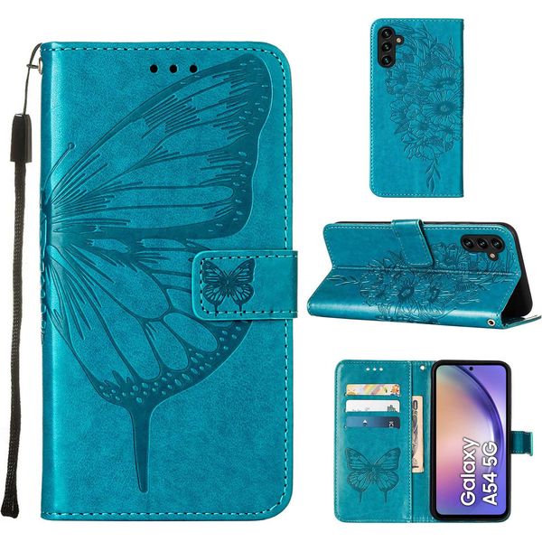 Custodia In Pelle Per Samsung Galaxy A54 Farfalla In Rilievo Custodia In Pelle Flip Slot Per Schede Telefono Cellulare Con Supporto Blu-image