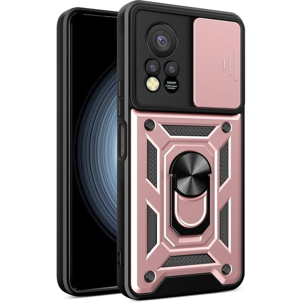 Custodia Per Infinix Hot 11S Nfc Con Anello Supporto Slitta Fotocamera Protezione Tpu Pc Ibrido Custodia Per Cellulare Oro Rosa-image