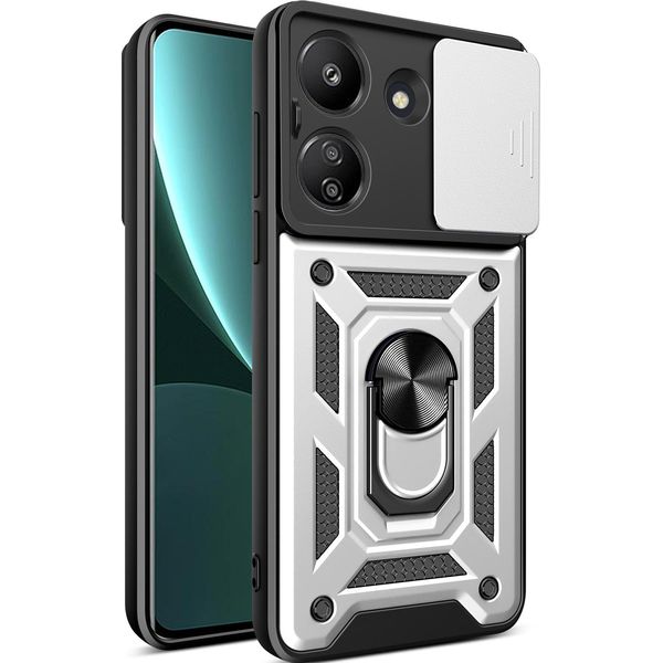 Custodia Per Xiaomi Redmi 13C 4G Con Anello Supporto Supporto Scivolare Protezione Fotocamera Tpu Pc Hybrid Custodia Per Cellulare Argento-image
