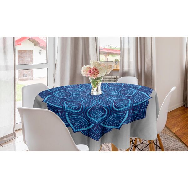 Abakuhaus Tovaglia Rotonda Blu Con Motivo Mandala, Motivo Vintage, Tovaglia Circolare Per Sala Da Pranzo, Decorazione Per Cucina, 150 Cm, Blu Scuro, Azzurro, Polvere-image