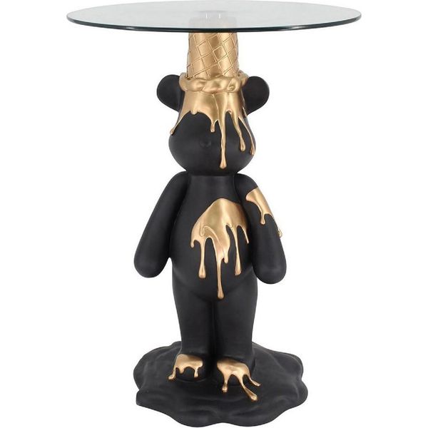 Casa Padrino Tavolino Orso Nero/Oro Ø 48,5 X H. 69 Cm - Tavolino Rotondo In Resina Con Piano In Vetro - Mobili Soggiorno - Mobili - Arredi - Arredo Soggiorno-image