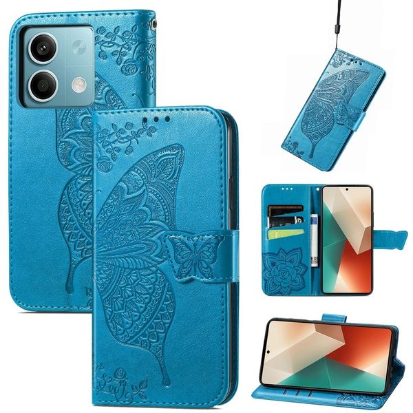 Per Xiaomi Redmi Note 13 Portafoglio In Custodia Per Telefono Cellulare Farfalla Design Custodia Protettiva Cover Casi Blu-image