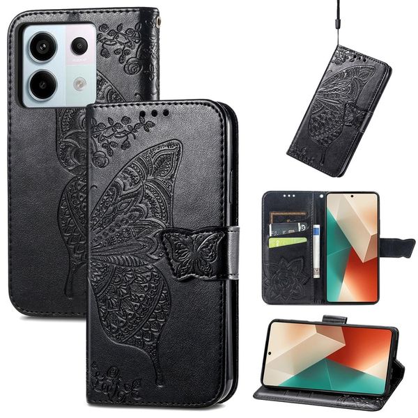 Per Xiaomi Redmi Note 13 Pro / Poco X6 Portafoglio Cellulare Custodia Farfalla Design Copertura Protettiva Nero-image