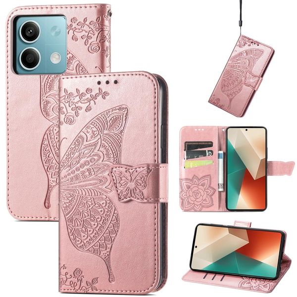 Per Xiaomi Redmi Note 13 Portafoglio In Custodia Per Cellulare Butterfly Design Custodia Protettiva Cover Casi Rosa-image