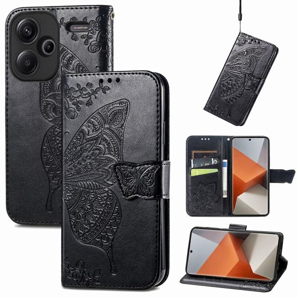 Per Xiaomi Redmi Note 13 Pro Plus Portafoglio Cellulare Custodia Farfalla Design Copertura Protettiva Nero-image