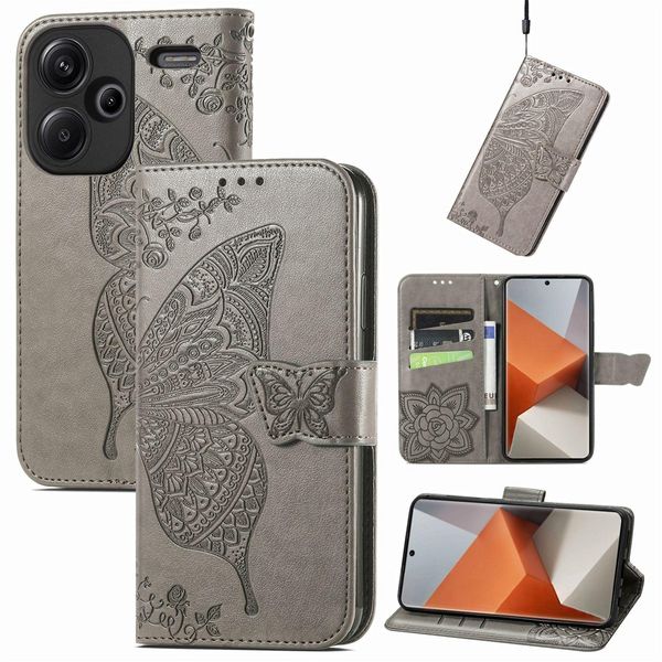 Per Xiaomi Redmi Note 13 Pro Plus Portafoglio Cellulare Custodia Farfalla Design Copertura Protettiva Grigio-image
