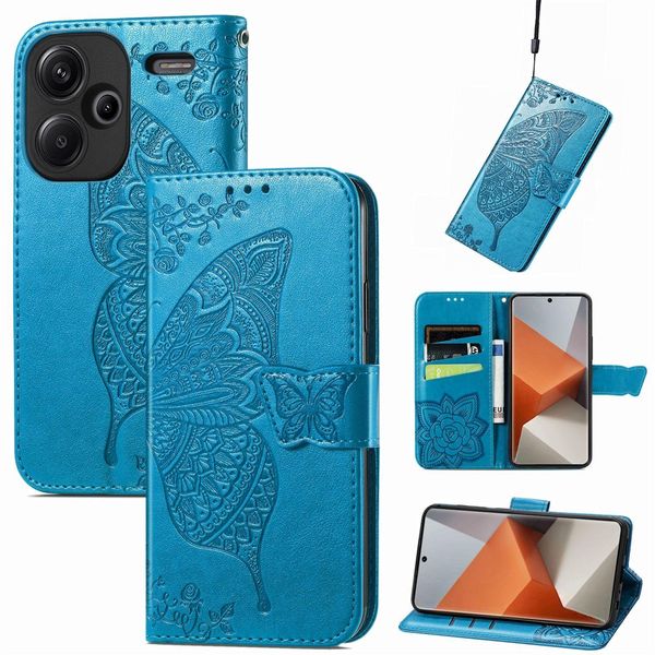 Per Xiaomi Redmi Note 13 Pro Plus Portafoglio Cellulare Custodia Farfalla Design Copertura Protettiva Blu-image