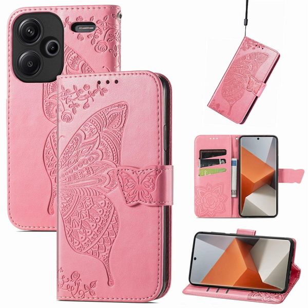 Per Xiaomi Redmi Note 13 Pro Plus Portafoglio Cellulare Custodia Farfalla Design Copertura Protettiva Rosa-image