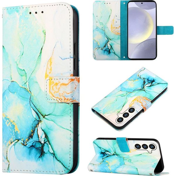 Custodia Per Samsung Galaxy S25 Fe, Custodia In Finto Cuoio Con Motivo A Marmi, Tasche Per Carte, Custodia Stand Verde-image