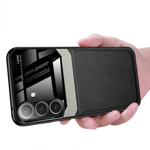 Custodia Per Samsung Galaxy S25, Ibrido Tpu Bumper, Antiscivolo, Custodia In Pelle Con Texture Litchi E Vetro Protettivo Nero-image