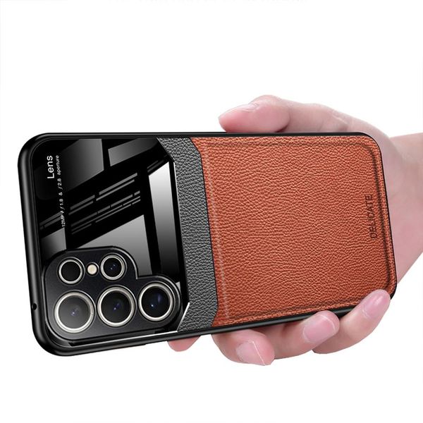 Custodia Per Samsung Galaxy S25 Ultra, Ibrido Tpu Bumper, Antiscivolo, Custodia In Pelle Con Texture Litchi E Vetro Protettivo Marrone-image