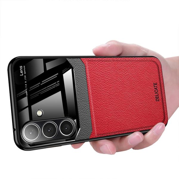 Custodia Per Samsung Galaxy S24+, Ibrido Tpu Bumper, Antiscivolo, Custodia In Pelle Con Texture Litchi E Vetro Protettivo Rosso-image