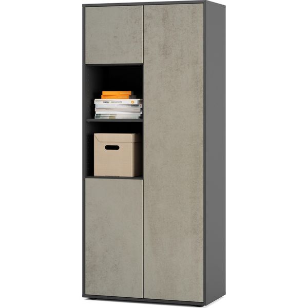 Simplyfurn Armadio Ufficio Amira T20, Armadio Con Due Vani Aperti, Anthrazit E Cemento Ossidato, Push-To-Open, 180X80X40 Cm, Armadio Per Documenti Per Ufficio E Home Office.-image