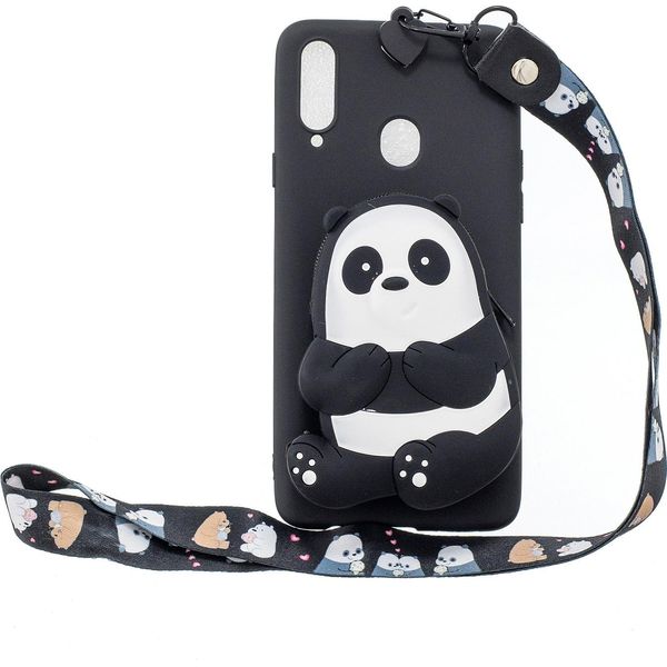 Per Samsung A10S A20S Tpu Custodia Protettiva Completa Del Telefono Cellulare Del Cartone Animato Con La Tasca Della Moneta + Il Cordino D'attaccatura 5 Orsi Neri A Strisce-image