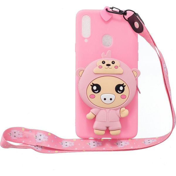 Per Samsung A10S A20S Tpu Custodia Protettiva Completa Del Telefono Cellulare Del Cartone Animato Con La Tasca Della Moneta + Cordicella D'attaccatura 3 Maialino Rosa Profondo-image