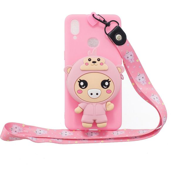 Per Samsung A10S A20S Tpu Custodia Protettiva Completa Del Telefono Cellulare Del Cartone Animato Con La Tasca Della Moneta + Cordicella D'attaccatura 3 Maialino Rosa Profondo-image