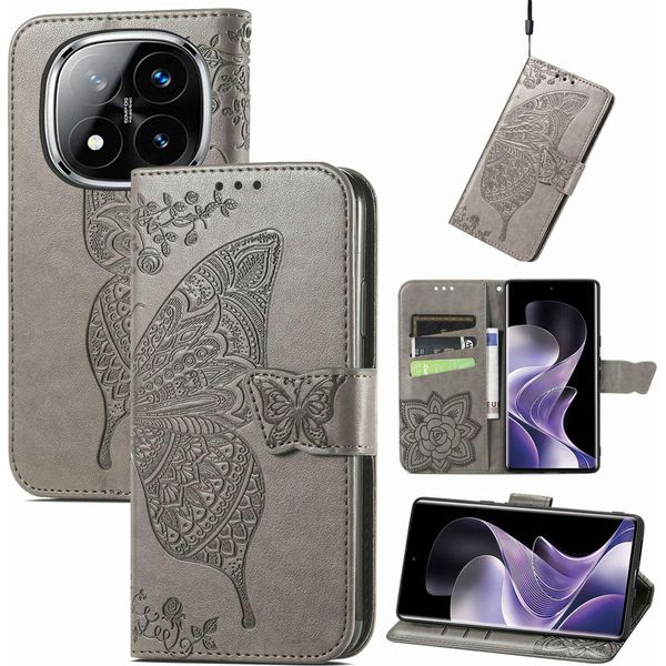 Per Xiaomi Redmi Note 14 Pro 5G Portafoglio Cellulare Custodia Farfalla Design Custodie Grigio-image