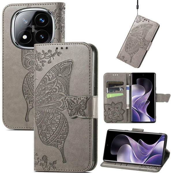 Per Xiaomi Redmi Note 14 Pro Plus 5G Custodia A Portafoglio In Pelle Finta Custodia Per Cellulare Custodia Con Design A Farfalla Grigio-image