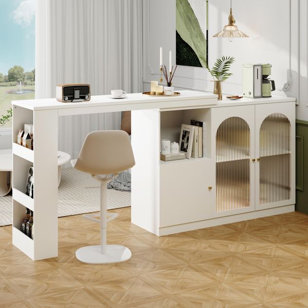 Abrihome Tavolo Da Sala Da Pranzo Girevole A 360° Tavolo Da Bar, Tavolo Alto Allungabile Con Armadio, Bianco-image