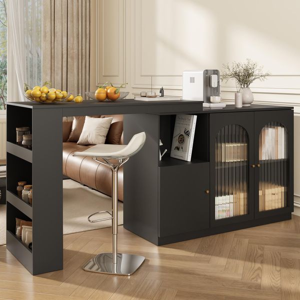 Abrihome Tavolo Da Sala Da Pranzo Girevole A 360° Tavolo Da Bar, Tavolo Alto Allungabile Con Armadietto, Nero-image
