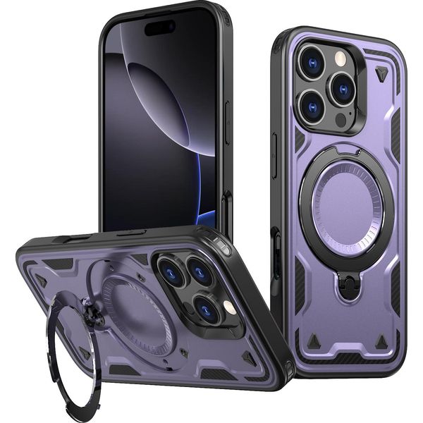 Custodia A Doppio Strato Per Iphone 16 Pro, Custodia Protettiva Militare Magnetica Con Anello E Supporto In Metallo Viola-image