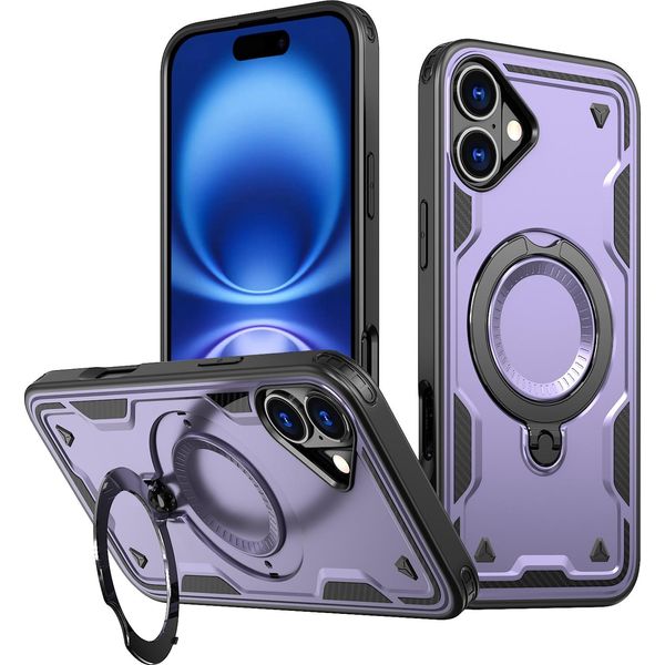 Custodia A Doppio Strato Per Iphone 16, Custodia Protettiva Militare Magnetica Con Anello E Supporto In Metallo Viola-image