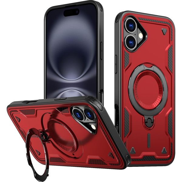 Custodia A Doppio Strato Per Iphone 16 Plus, Custodia Protettiva Militare Magnetica Con Anello E Supporto In Metallo Rosso-image