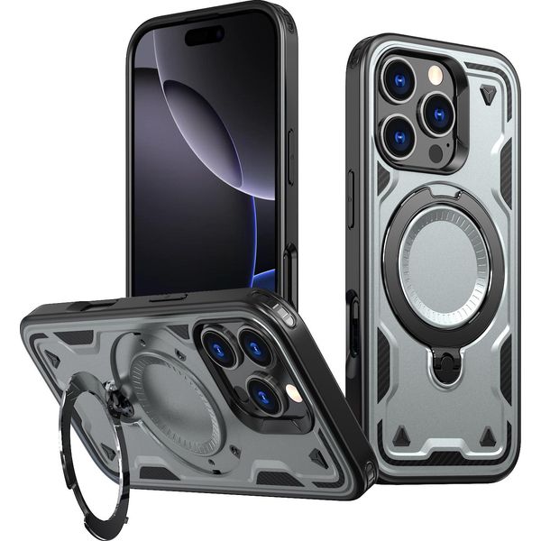 Custodia A Doppio Strato Per Iphone 16 Pro, Custodia Protettiva Militare Magnetica Con Anello In Metallo E Supporto Grigio-image