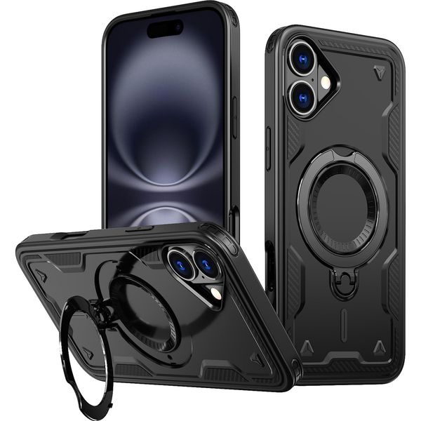 Custodia A Doppio Strato Per Iphone 16 Plus, Custodia Protettiva Militare Magnetica Con Anello In Metallo E Supporto Nero-image