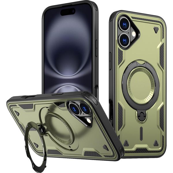 Custodia A Doppio Strato Per Iphone 16 Plus, Custodia Protettiva Militare Magnetica Con Anello In Metallo E Supporto Verde-image