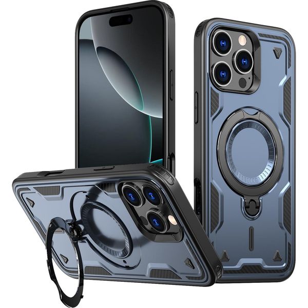 Custodia A Doppio Strato Per Iphone 16 Pro Max, Custodia Protettiva Militare Magnetica Con Anello In Metallo E Supporto Blu-image