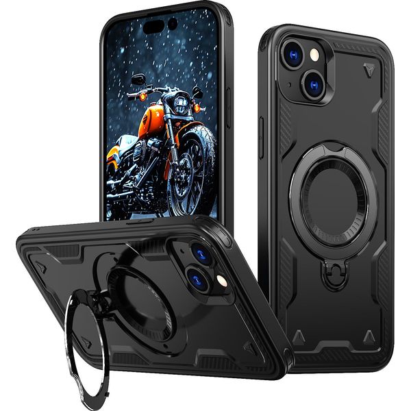 Custodia A Doppio Strato Per Iphone 15, Custodia Protettiva Militare Magnetica Con Anello E Supporto In Metallo Nero-image