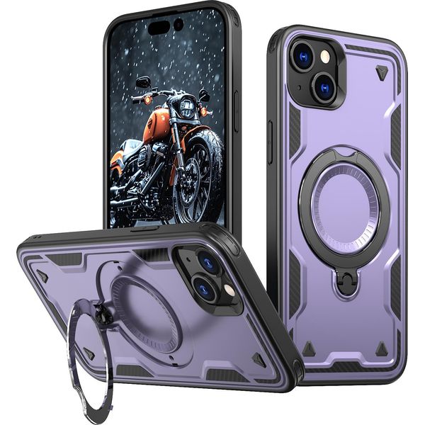Custodia A Doppio Strato Per Iphone 15, Custodia Protettiva Militare Magnetica Con Anello E Supporto In Metallo Viola-image