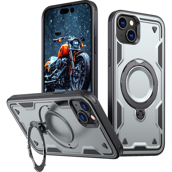 Custodia A Doppio Strato Per Iphone 15, Custodia Protettiva Militare Magnetica Con Anello In Metallo E Supporto Grigio-image
