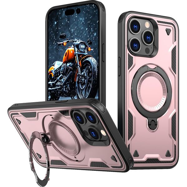 Custodia A Doppio Strato Per Iphone 15 Pro, Custodia Protettiva Militare Magnetica Con Anello In Metallo E Supporto Rosa-image