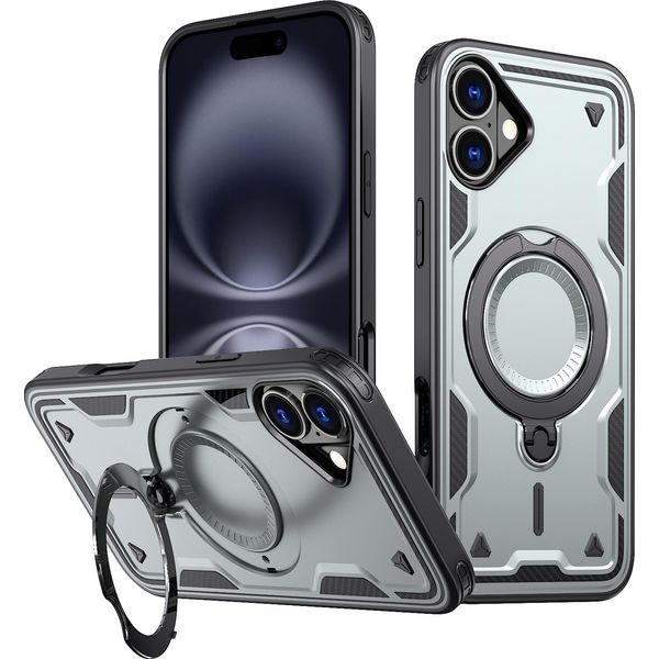 Custodia A Doppio Strato Per Iphone 16 Plus, Custodia Protettiva Militare Magnetica Con Anello In Metallo E Supporto Grigio-image