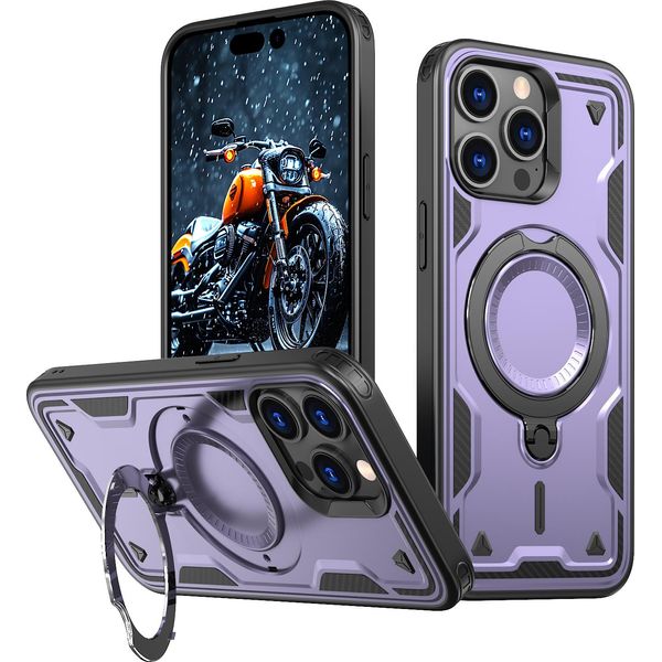 Custodia A Doppio Strato Per Iphone 15 Pro Max, Custodia Protettiva Militare Magnetica Con Anello E Supporto In Metallo Viola-image