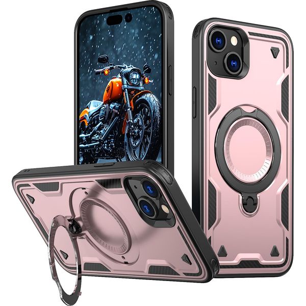 Custodia A Doppio Strato Per Iphone 15, Custodia Protettiva Militare Magnetica Con Anello In Metallo E Supporto Rosa-image