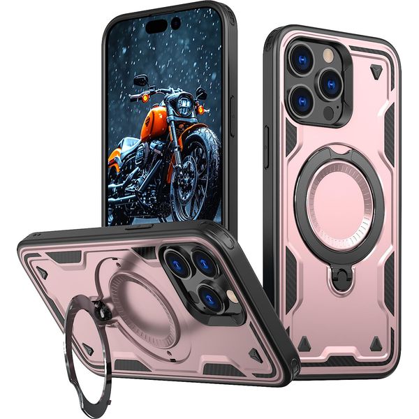 Custodia A Doppio Strato Per Iphone 13 Pro, Custodia Protettiva Militare Magnetica Con Anello In Metallo E Supporto Rosa-image