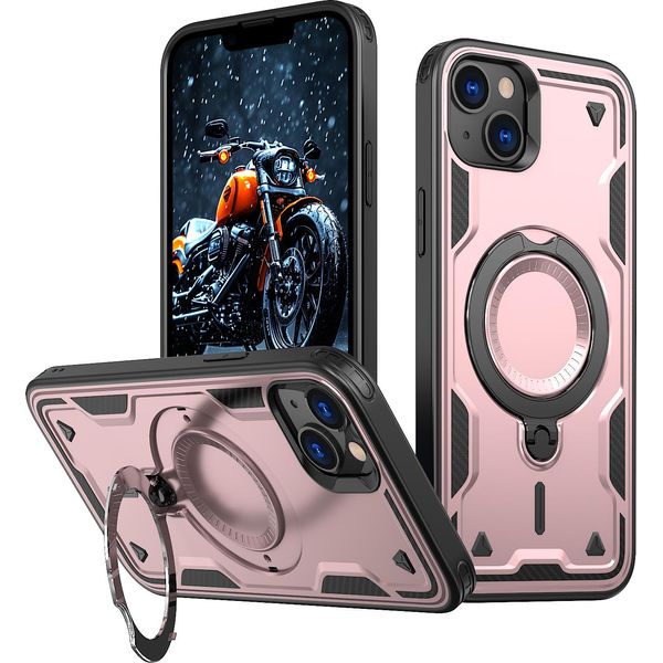 Custodia A Doppio Strato Per Iphone 14 Plus/Iphone 15 Plus, Custodia Protettiva Militare Magnetica Con Anello In Metallo E Supporto Rosa-image
