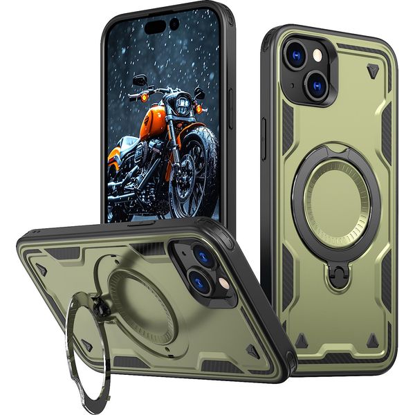 Custodia A Doppio Strato Per Iphone 15, Custodia Protettiva Militare Magnetica Con Anello In Metallo E Supporto Verde-image