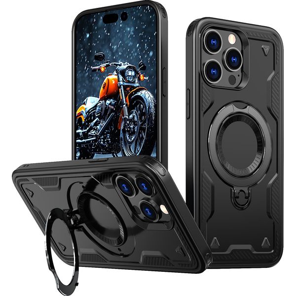 Custodia A Doppio Strato Per Iphone 13 Pro, Custodia Protettiva Militare Magnetica Con Anello E Supporto In Metallo Nero-image