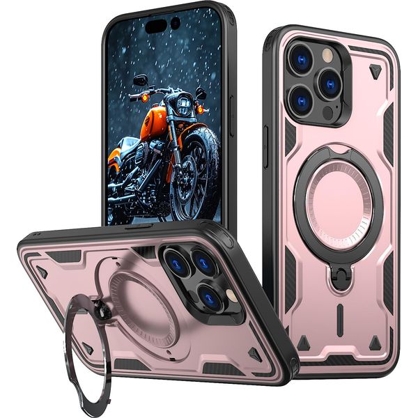 Custodia A Doppio Strato Per Iphone 14 Pro Max, Custodia Protettiva Militare Magnetica Con Anello In Metallo E Supporto Rosa-image