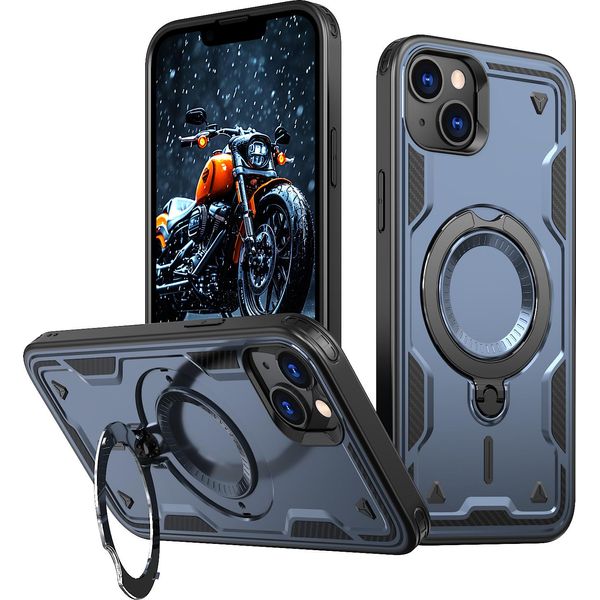 Custodia A Doppio Strato Per Iphone 14 Plus/Iphone 15 Plus, Custodia Protettiva Militare Magnetica Con Anello In Metallo E Supporto Blu-image
