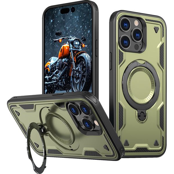 Custodia A Doppio Strato Per Iphone 13 Pro, Custodia Protettiva Militare Magnetica Con Anello In Metallo E Supporto Verde-image