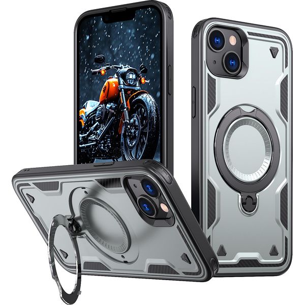 Custodia A Doppio Strato Per Iphone 13/Iphone 14, Custodia Protettiva Militare Magnetica Con Anello In Metallo E Supporto Grigio-image