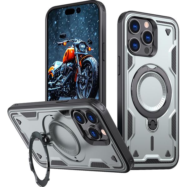 Custodia A Doppio Strato Per Iphone 14 Pro Max, Custodia Protettiva Militare Magnetica Con Anello In Metallo E Supporto Grigio-image